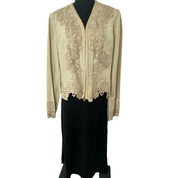 Vintage Coldwater Creek Cream Linen Blend Applique Lace Blazer Med - Picture 2 of 4